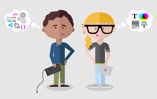 Custom illustrators in NJ: Illustration showing a website designer and website developer